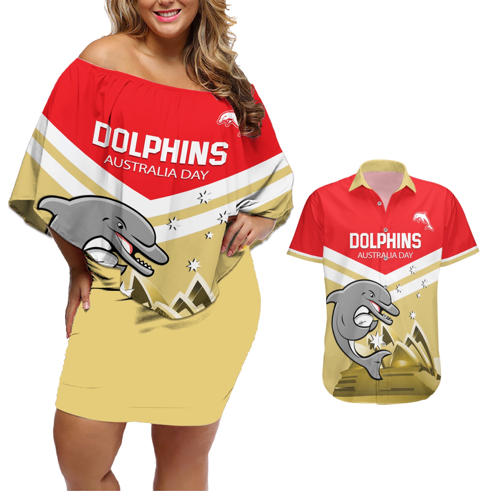 Custom Australia Day Dolphins Couples Matching Off Shoulder Short Dress and Hawaiian Shirt NRL 2024 With Sydney Opera House