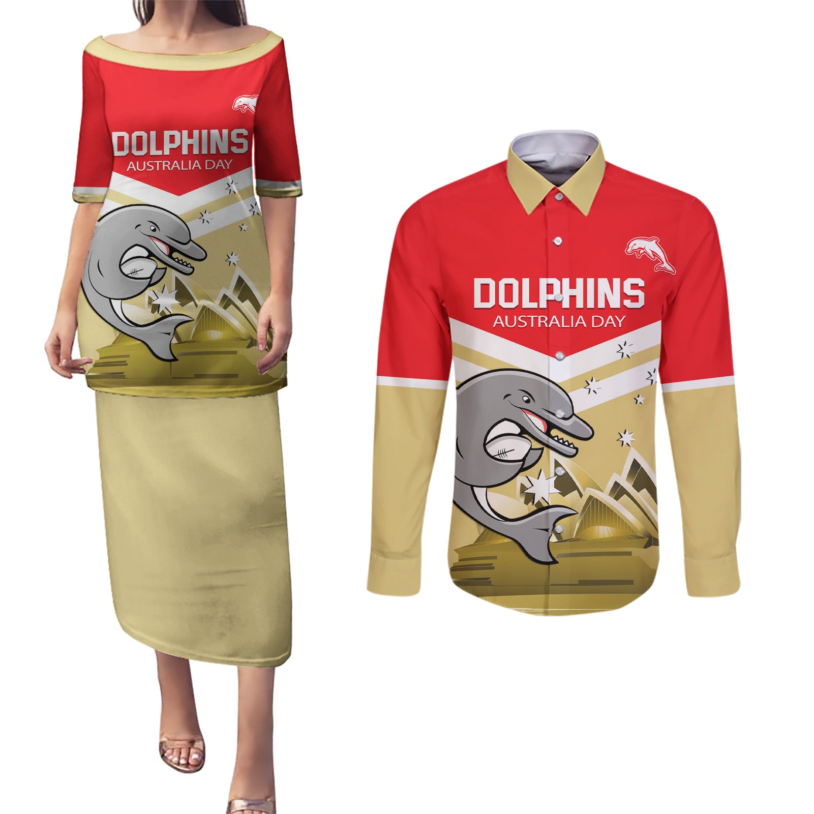 Custom Australia Day Dolphins Couples Matching Puletasi and Long Sleeve Button Shirt NRL 2024 With Sydney Opera House