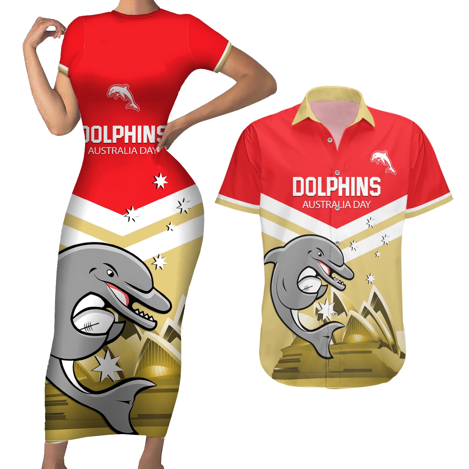 Custom Australia Day Dolphins Couples Matching Short Sleeve Bodycon Dress and Hawaiian Shirt NRL 2024 With Sydney Opera House