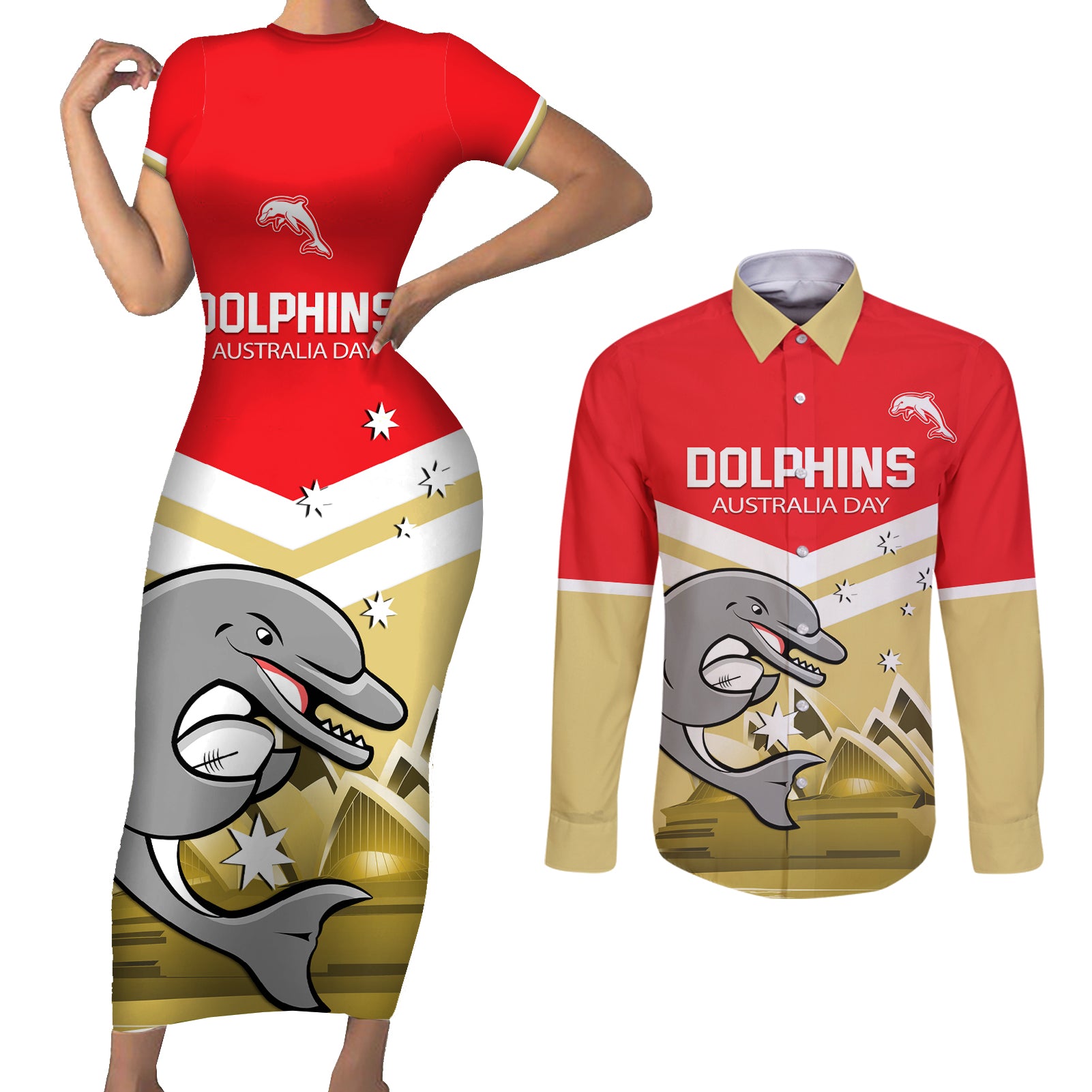 Custom Australia Day Dolphins Couples Matching Short Sleeve Bodycon Dress and Long Sleeve Button Shirt NRL 2024 With Sydney Opera House