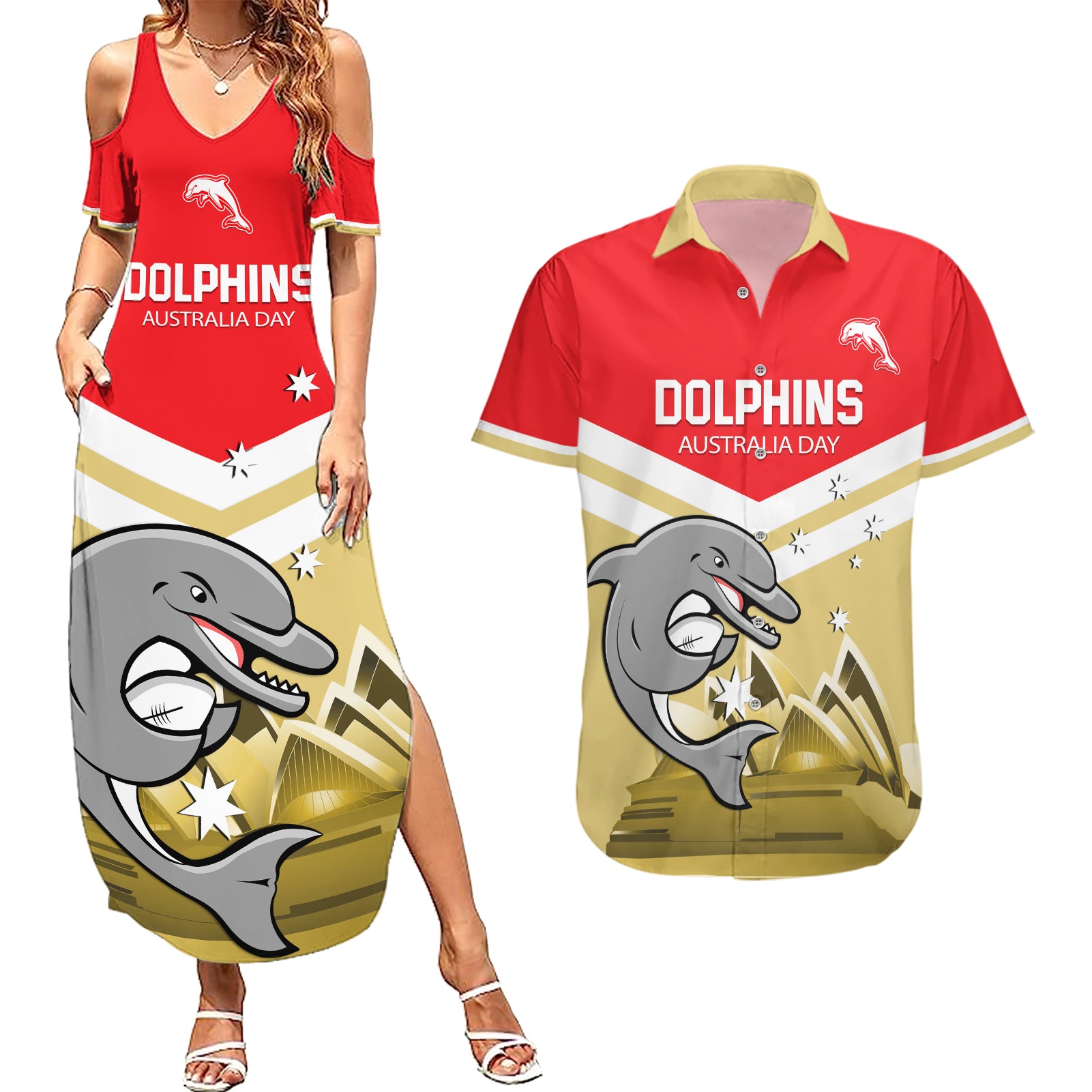 Custom Australia Day Dolphins Couples Matching Summer Maxi Dress and Hawaiian Shirt NRL 2024 With Sydney Opera House