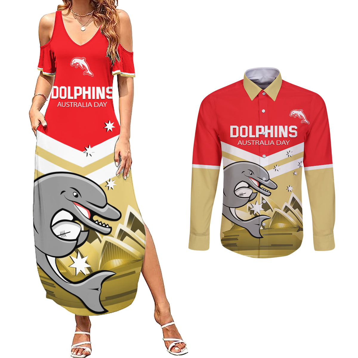 Custom Australia Day Dolphins Couples Matching Summer Maxi Dress and Long Sleeve Button Shirt NRL 2024 With Sydney Opera House