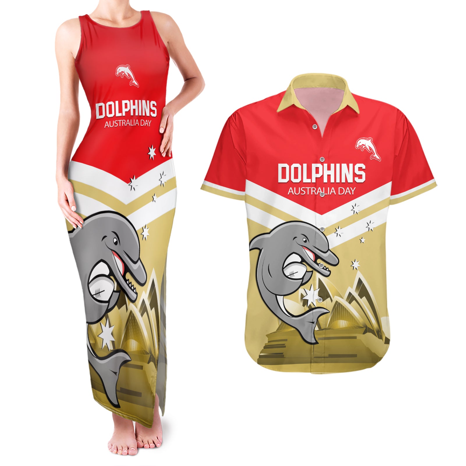 Custom Australia Day Dolphins Couples Matching Tank Maxi Dress and Hawaiian Shirt NRL 2024 With Sydney Opera House