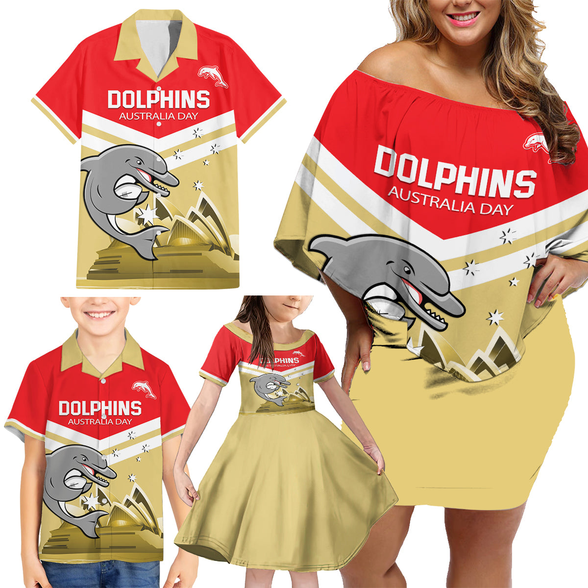 Custom Australia Day Dolphins Family Matching Off Shoulder Short Dress and Hawaiian Shirt NRL 2024 With Sydney Opera House