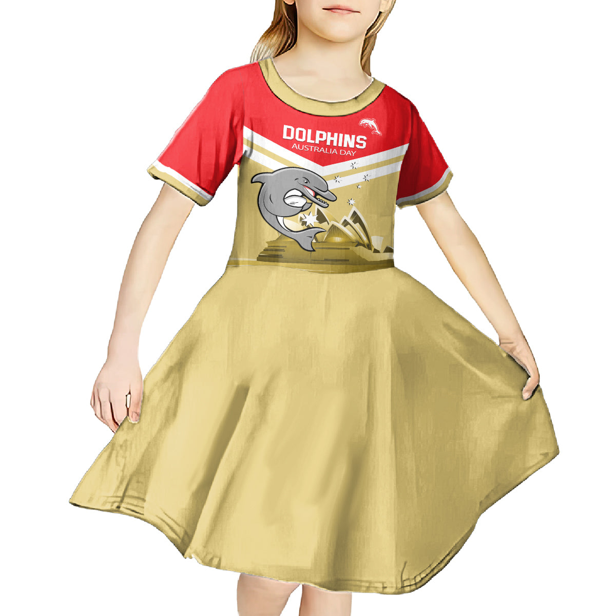 Custom Australia Day Dolphins Kid Short Sleeve Dress NRL 2024 With Sydney Opera House - Vibe Hoodie Shop