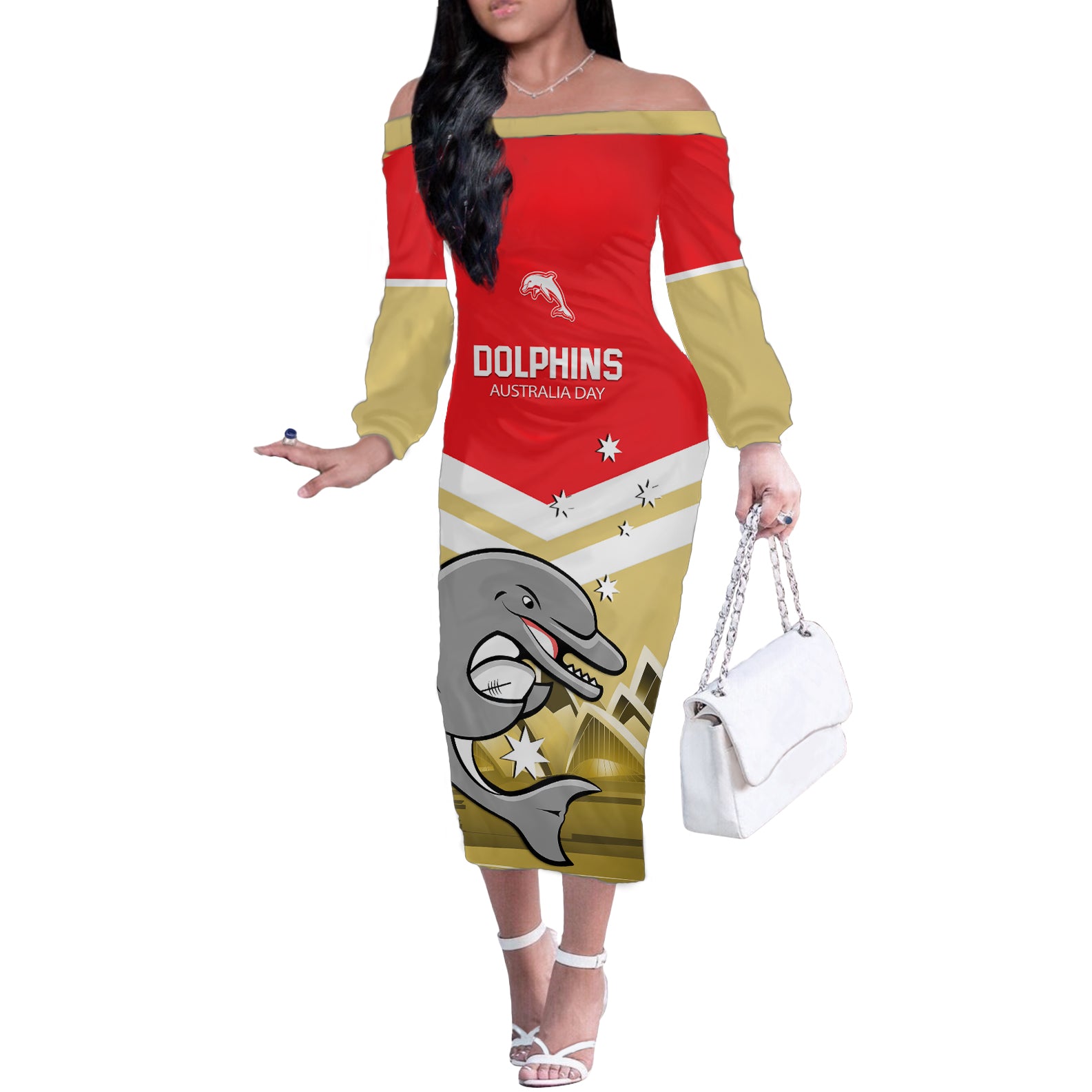 Custom Australia Day Dolphins Off The Shoulder Long Sleeve Dress NRL 2024 With Sydney Opera House