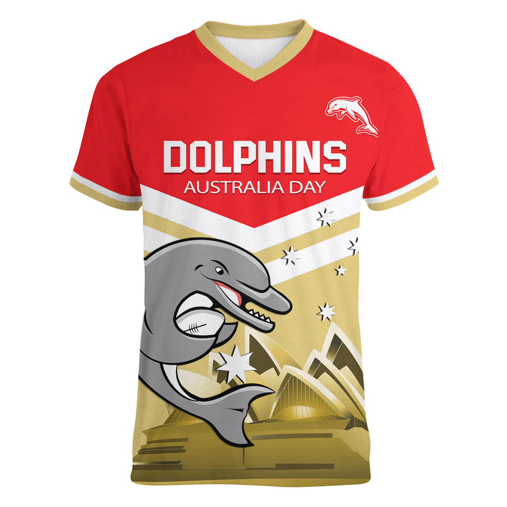 Custom Australia Day Dolphins Women V Neck T Shirt NRL 2024 With Sydney Opera House - Vibe Hoodie Shop