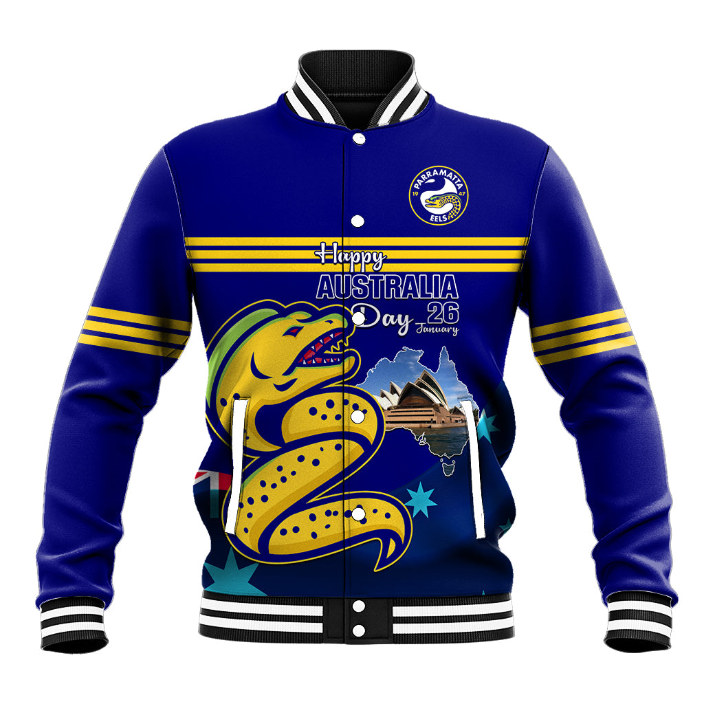 Custom Australia Day Eels Baseball Jacket NRL 2024 Sydney Opera House With Map - Vibe Hoodie Shop