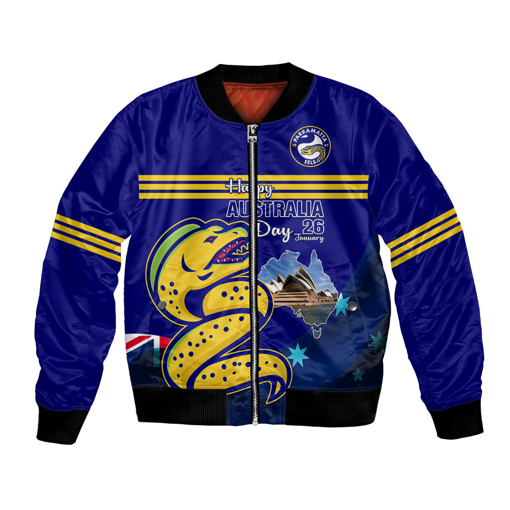 Custom Australia Day Eels Bomber Jacket NRL 2024 Sydney Opera House With Map - Vibe Hoodie Shop