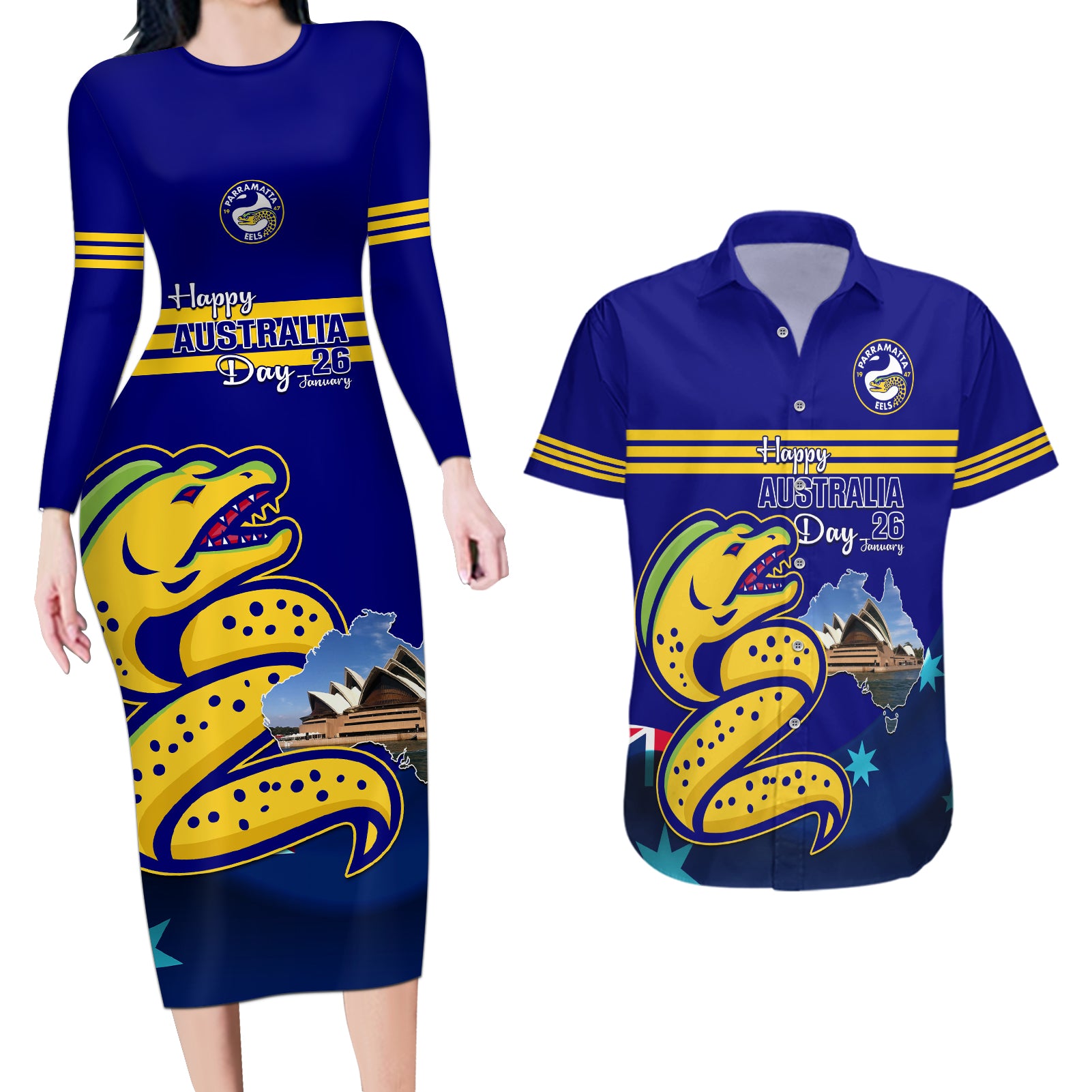 Custom Australia Day Eels Couples Matching Long Sleeve Bodycon Dress and Hawaiian Shirt NRL 2024 Sydney Opera House With Map