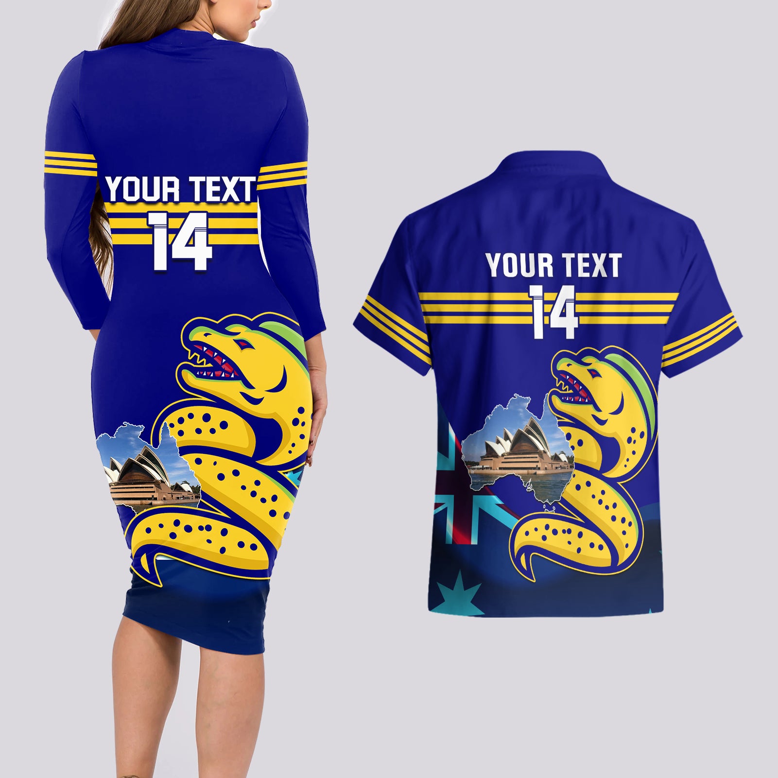 Custom Australia Day Eels Couples Matching Long Sleeve Bodycon Dress and Hawaiian Shirt NRL 2024 Sydney Opera House With Map