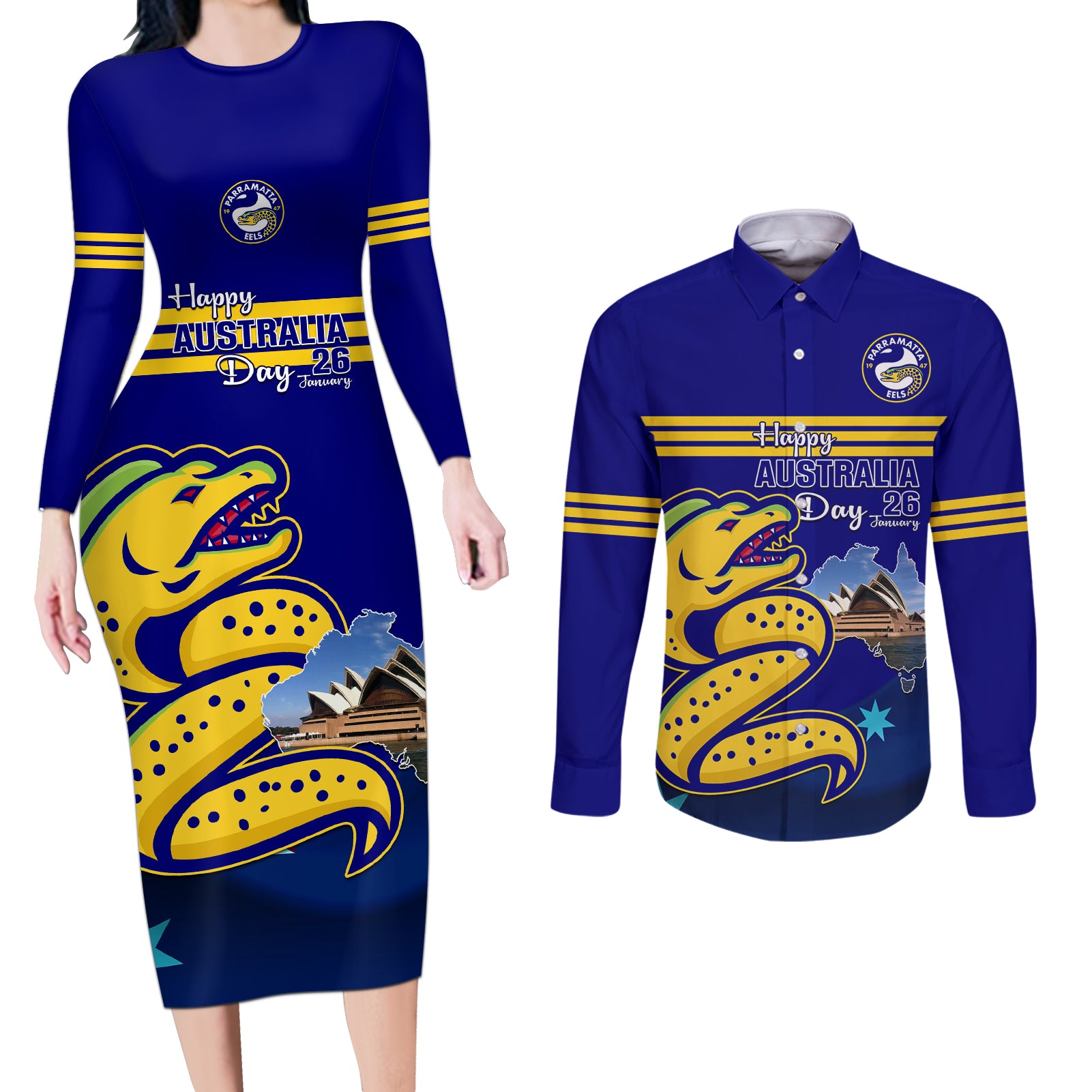 Custom Australia Day Eels Couples Matching Long Sleeve Bodycon Dress and Long Sleeve Button Shirt NRL 2024 Sydney Opera House With Map