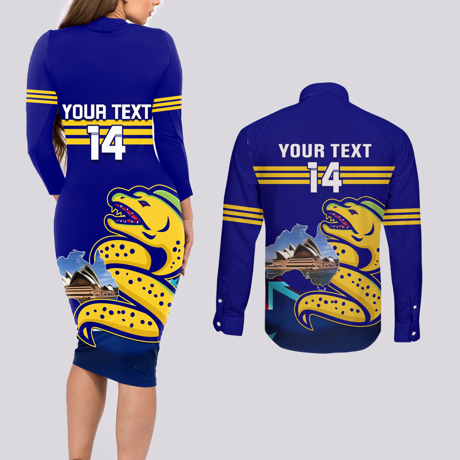 Custom Australia Day Eels Couples Matching Long Sleeve Bodycon Dress and Long Sleeve Button Shirt NRL 2024 Sydney Opera House With Map