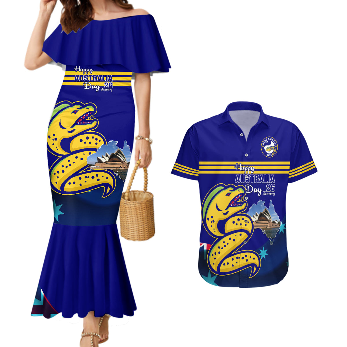 Custom Australia Day Eels Couples Matching Mermaid Dress and Hawaiian Shirt NRL 2024 Sydney Opera House With Map