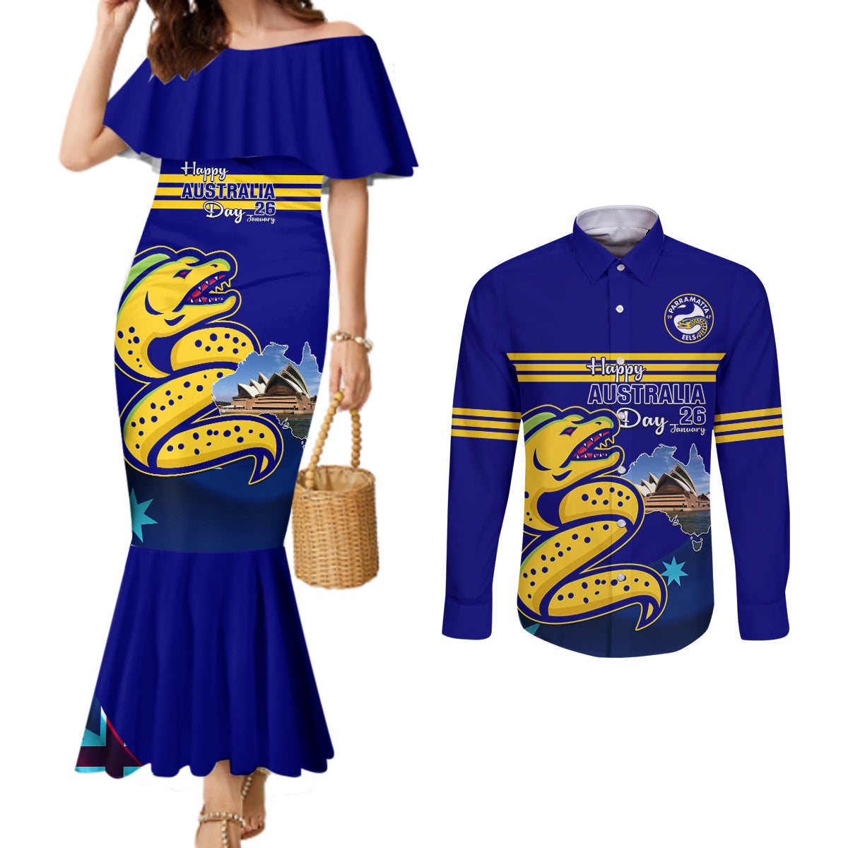 Custom Australia Day Eels Couples Matching Mermaid Dress and Long Sleeve Button Shirt NRL 2024 Sydney Opera House With Map