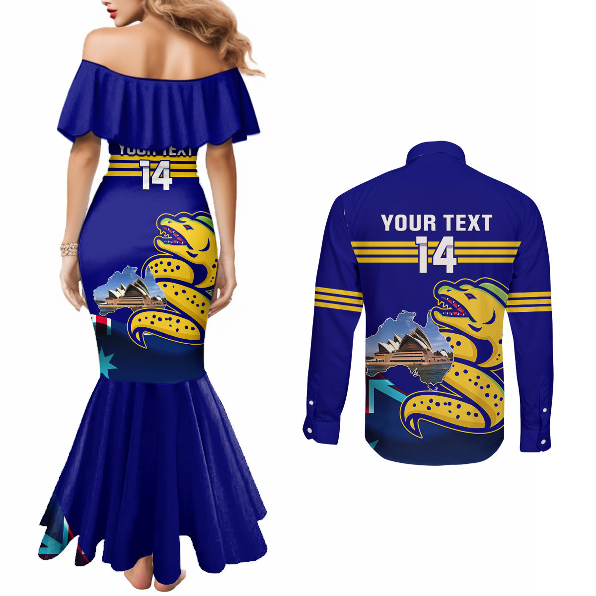 Custom Australia Day Eels Couples Matching Mermaid Dress and Long Sleeve Button Shirt NRL 2024 Sydney Opera House With Map