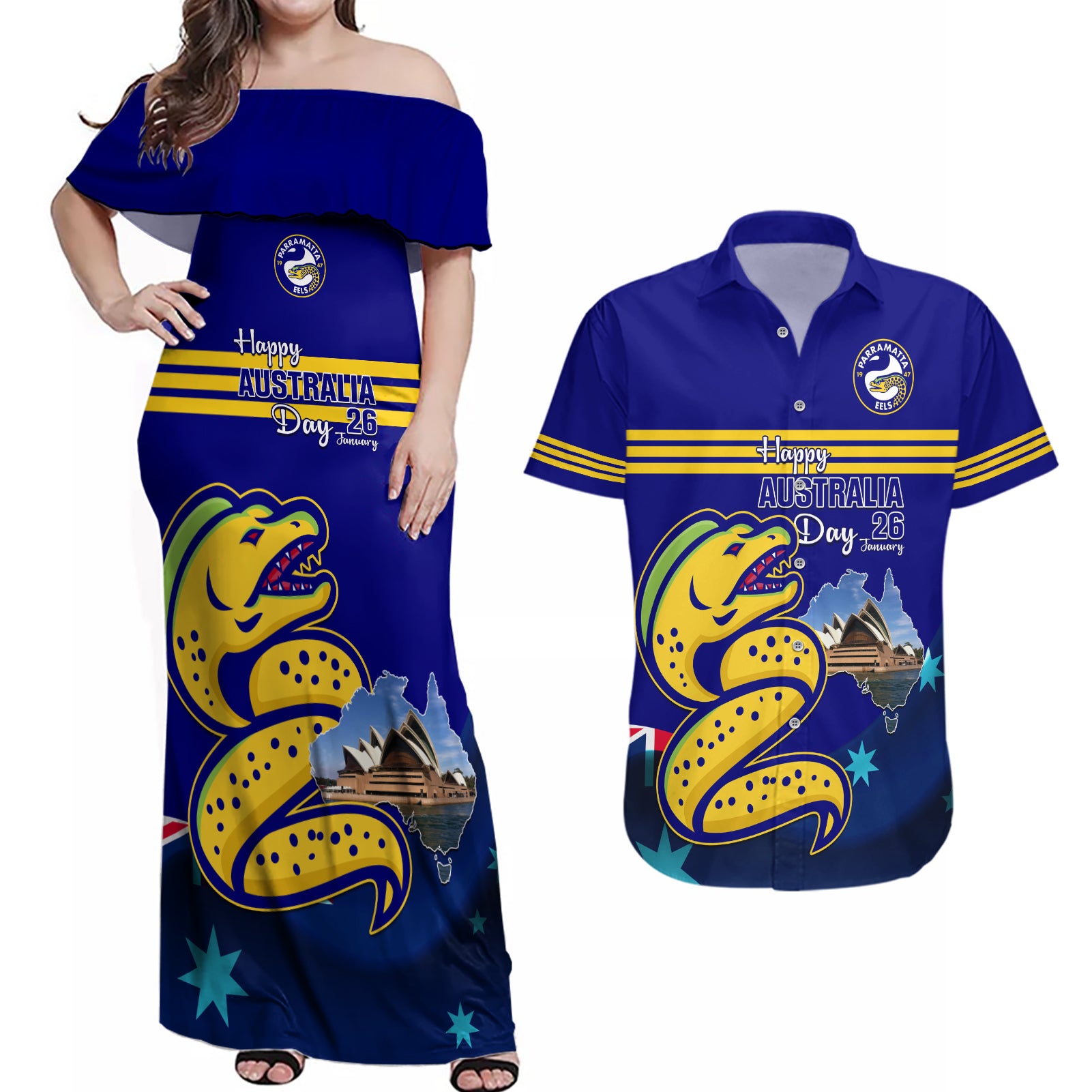 Custom Australia Day Eels Couples Matching Off Shoulder Maxi Dress and Hawaiian Shirt NRL 2024 Sydney Opera House With Map