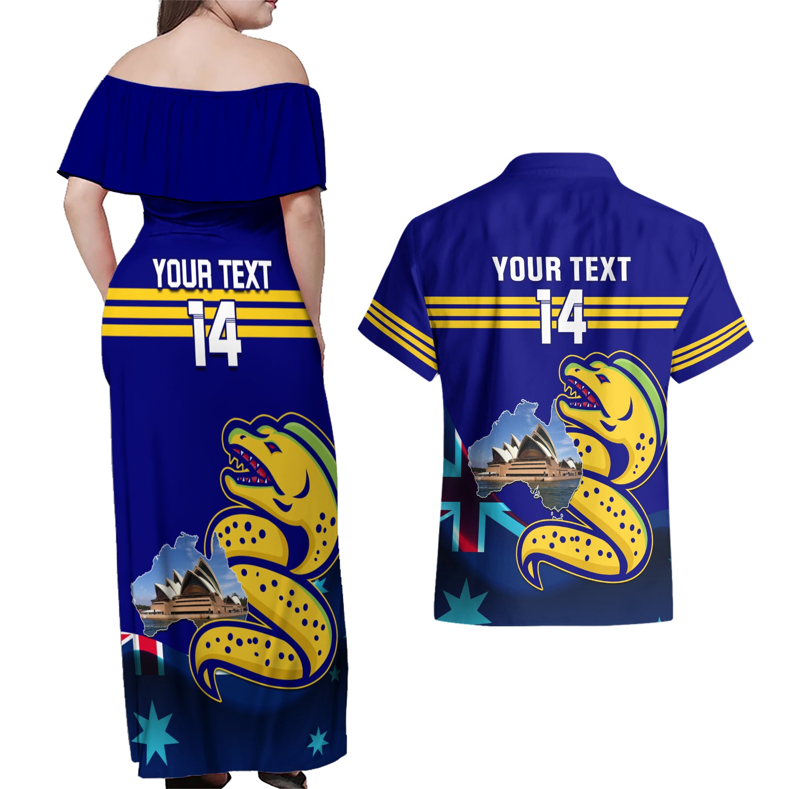 Custom Australia Day Eels Couples Matching Off Shoulder Maxi Dress and Hawaiian Shirt NRL 2024 Sydney Opera House With Map