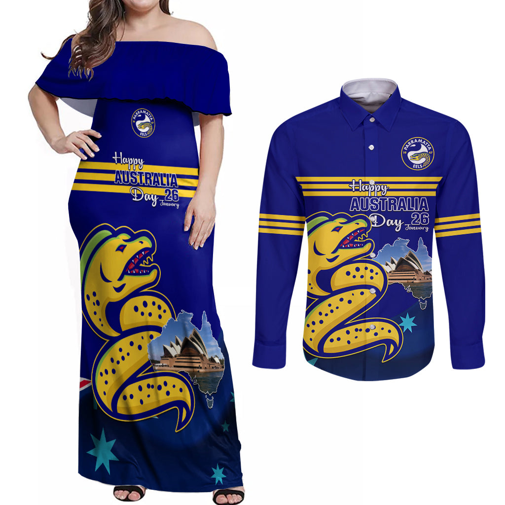 Custom Australia Day Eels Couples Matching Off Shoulder Maxi Dress and Long Sleeve Button Shirt NRL 2024 Sydney Opera House With Map