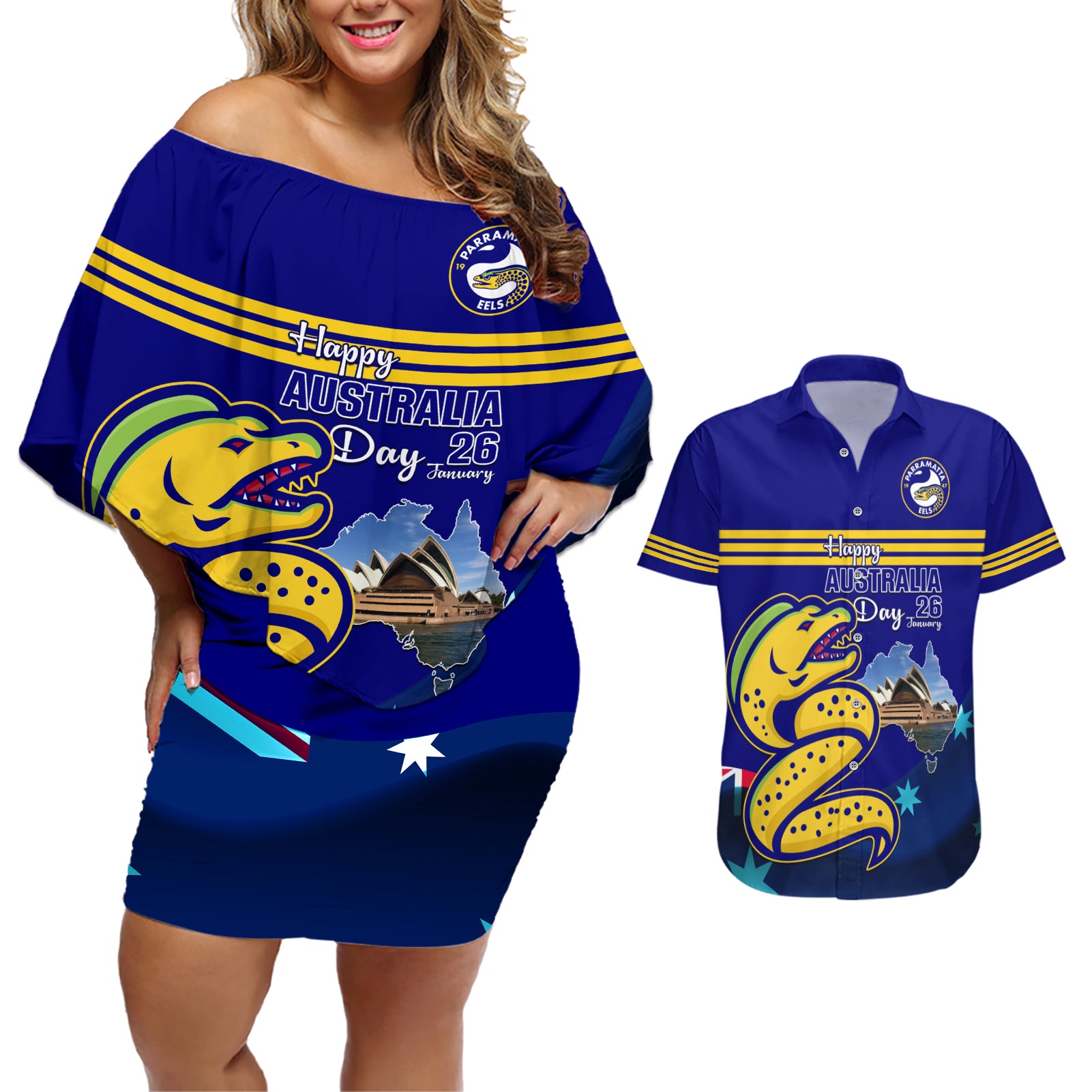 Custom Australia Day Eels Couples Matching Off Shoulder Short Dress and Hawaiian Shirt NRL 2024 Sydney Opera House With Map