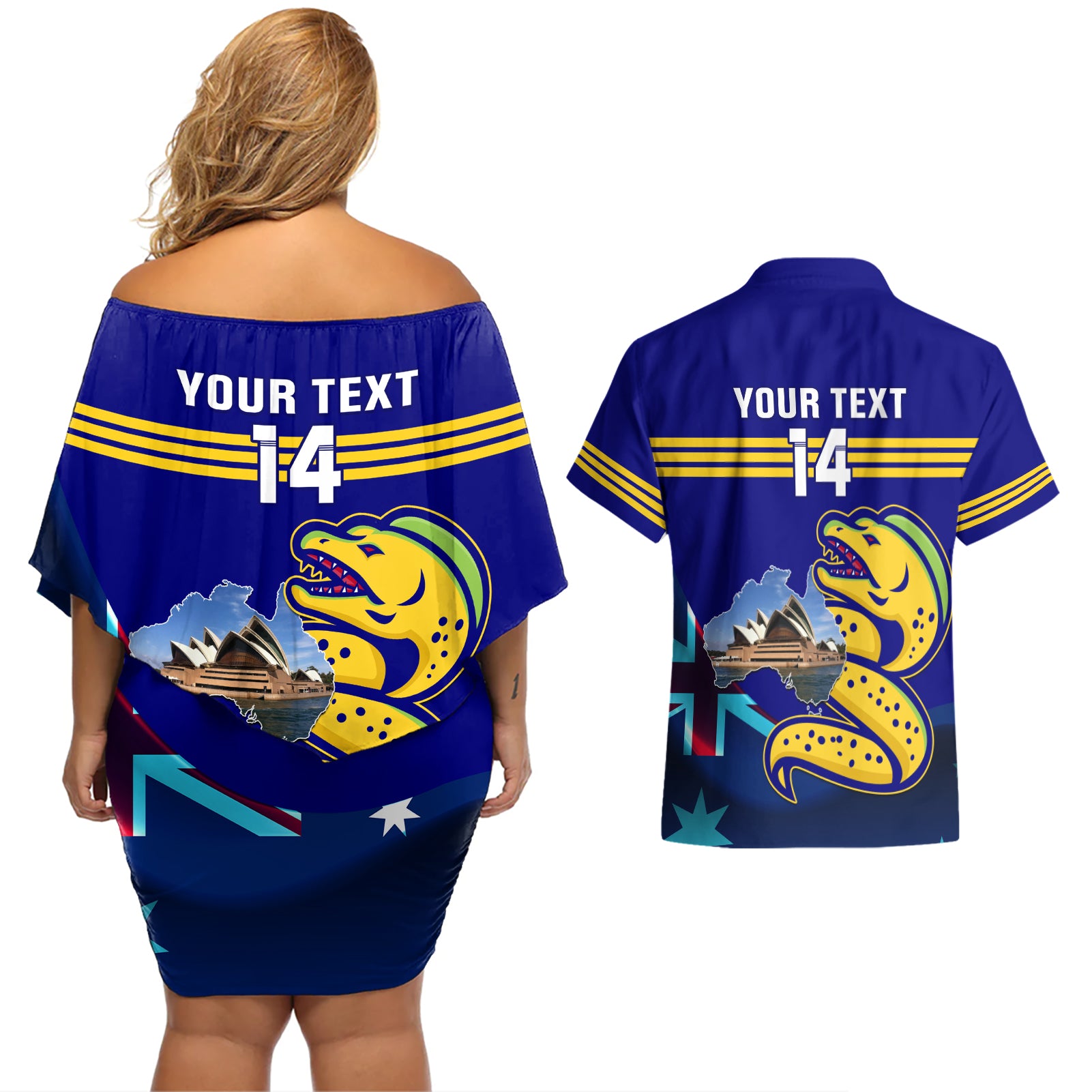 Custom Australia Day Eels Couples Matching Off Shoulder Short Dress and Hawaiian Shirt NRL 2024 Sydney Opera House With Map