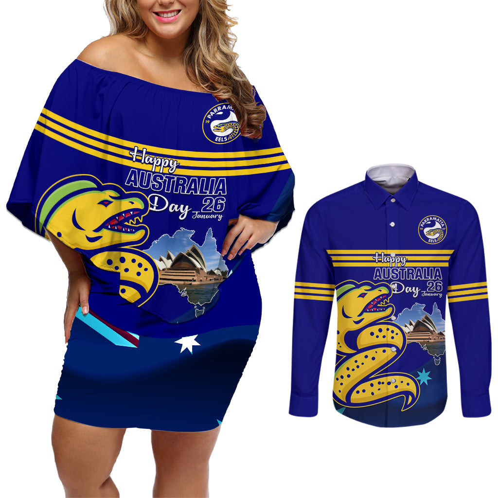 Custom Australia Day Eels Couples Matching Off Shoulder Short Dress and Long Sleeve Button Shirt NRL 2024 Sydney Opera House With Map