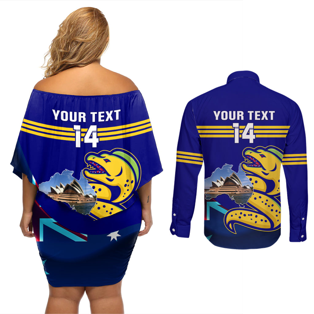 Custom Australia Day Eels Couples Matching Off Shoulder Short Dress and Long Sleeve Button Shirt NRL 2024 Sydney Opera House With Map