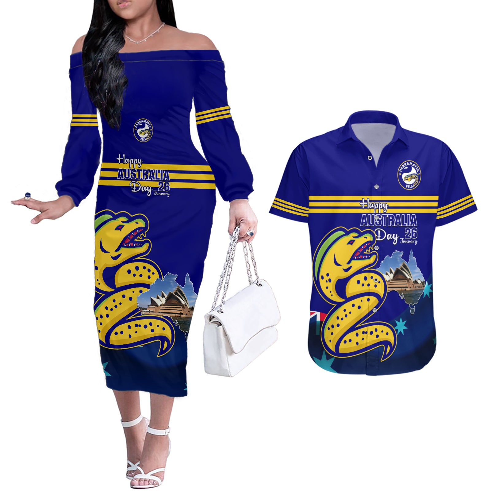 Custom Australia Day Eels Couples Matching Off The Shoulder Long Sleeve Dress and Hawaiian Shirt NRL 2024 Sydney Opera House With Map