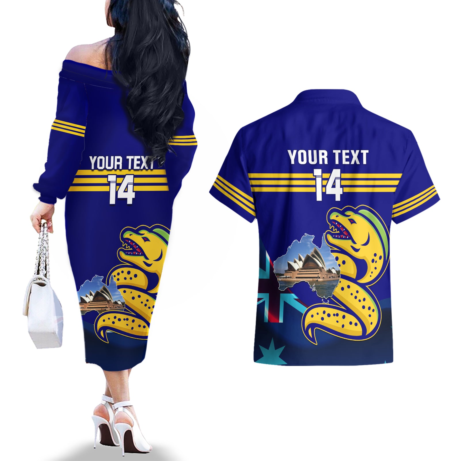 Custom Australia Day Eels Couples Matching Off The Shoulder Long Sleeve Dress and Hawaiian Shirt NRL 2024 Sydney Opera House With Map