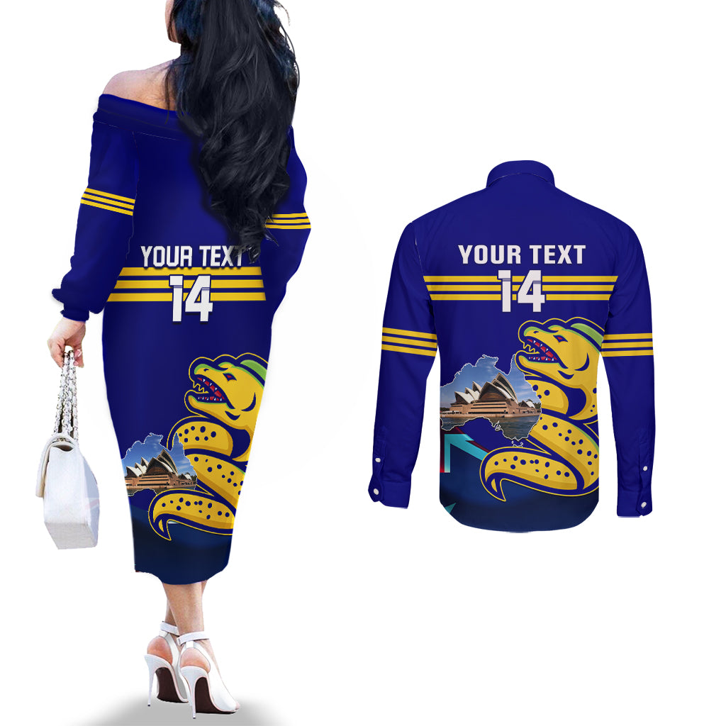 Custom Australia Day Eels Couples Matching Off The Shoulder Long Sleeve Dress and Long Sleeve Button Shirt NRL 2024 Sydney Opera House With Map