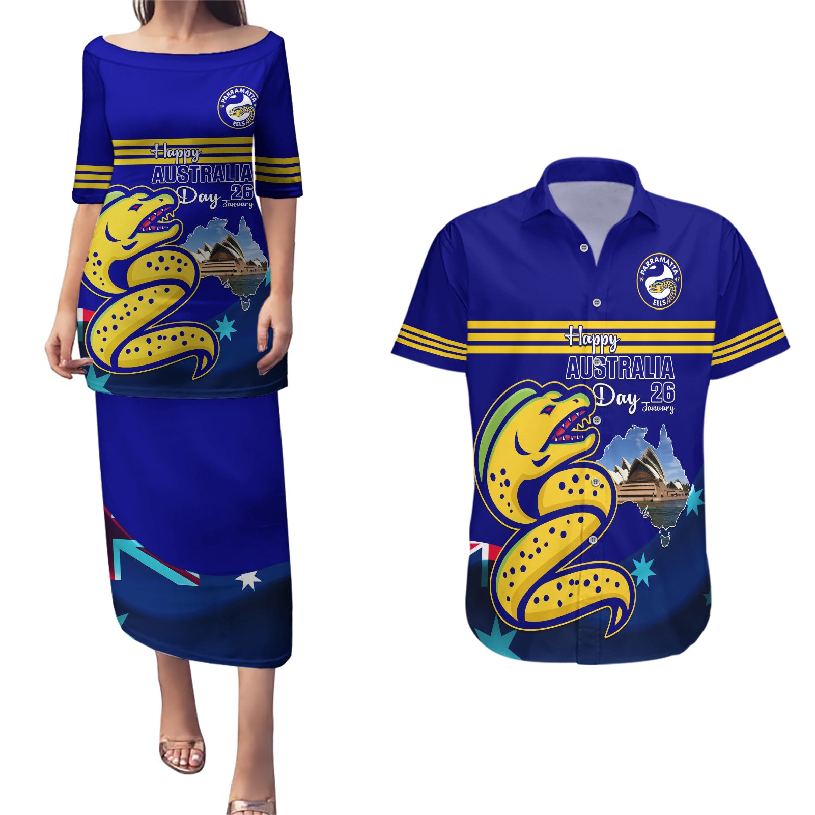 Custom Australia Day Eels Couples Matching Puletasi and Hawaiian Shirt NRL 2024 Sydney Opera House With Map