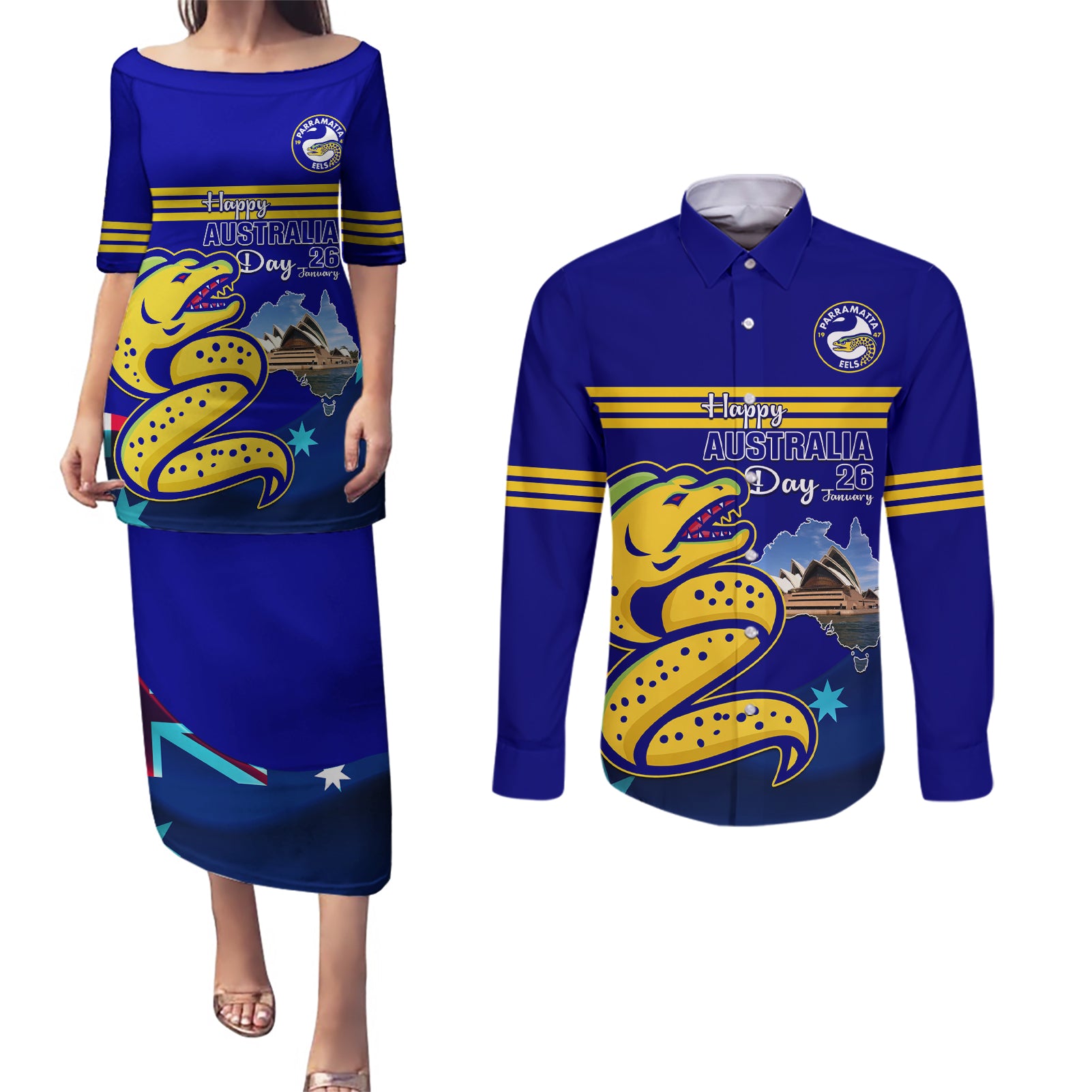 Custom Australia Day Eels Couples Matching Puletasi and Long Sleeve Button Shirt NRL 2024 Sydney Opera House With Map