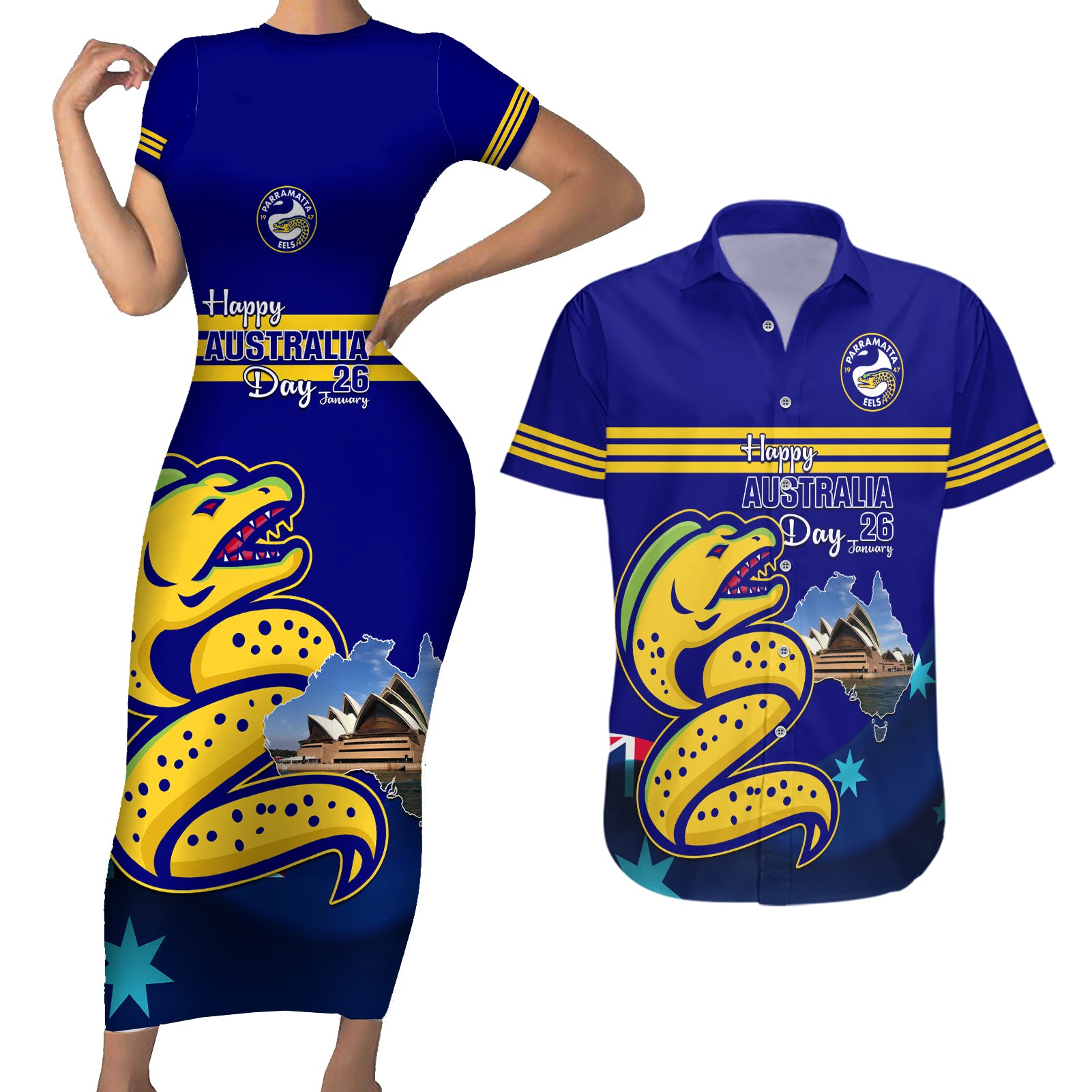 Custom Australia Day Eels Couples Matching Short Sleeve Bodycon Dress and Hawaiian Shirt NRL 2024 Sydney Opera House With Map