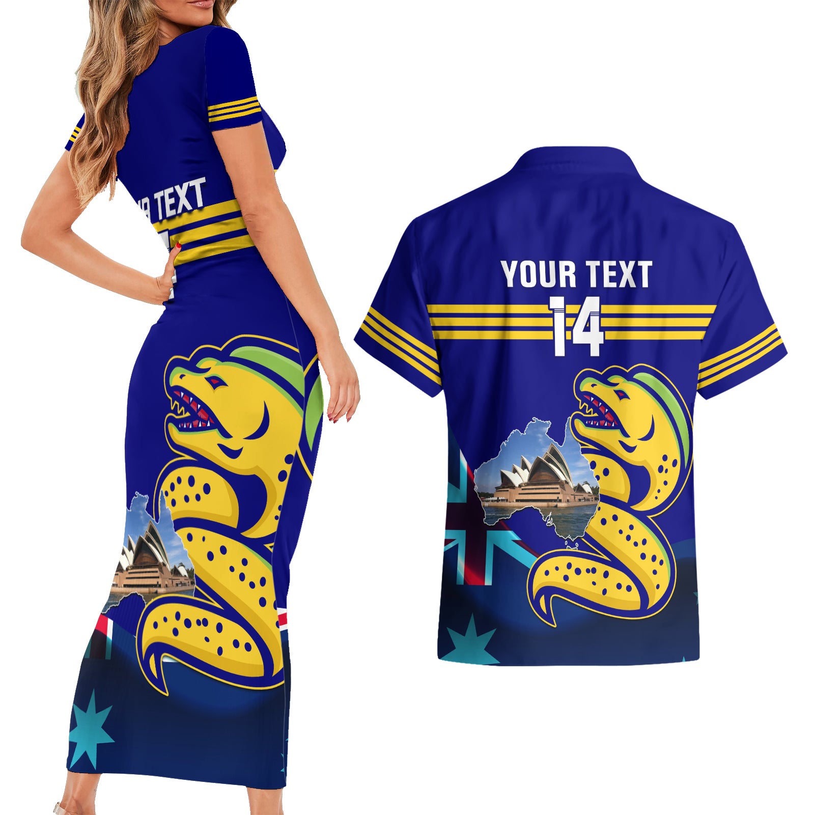 Custom Australia Day Eels Couples Matching Short Sleeve Bodycon Dress and Hawaiian Shirt NRL 2024 Sydney Opera House With Map