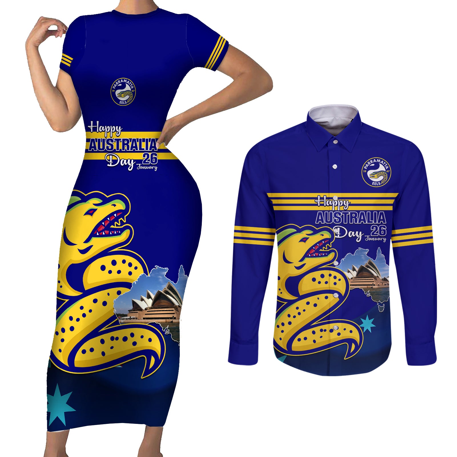 Custom Australia Day Eels Couples Matching Short Sleeve Bodycon Dress and Long Sleeve Button Shirt NRL 2024 Sydney Opera House With Map