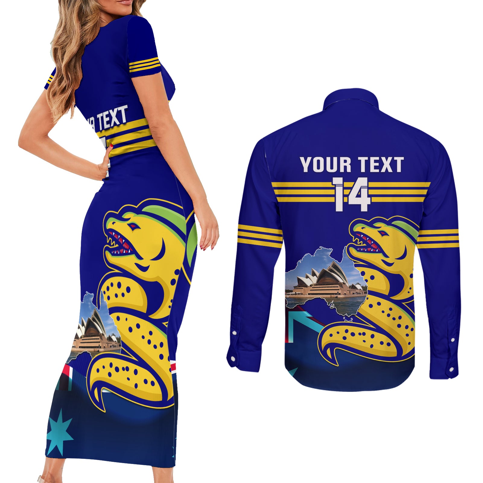 Custom Australia Day Eels Couples Matching Short Sleeve Bodycon Dress and Long Sleeve Button Shirt NRL 2024 Sydney Opera House With Map