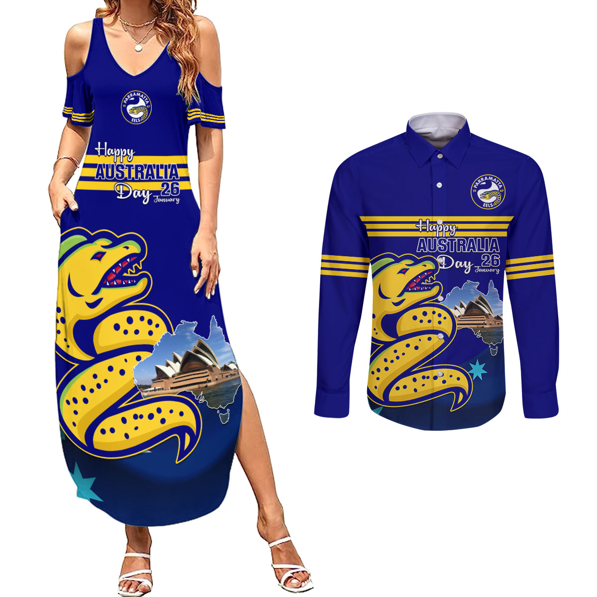 Custom Australia Day Eels Couples Matching Summer Maxi Dress and Long Sleeve Button Shirt NRL 2024 Sydney Opera House With Map