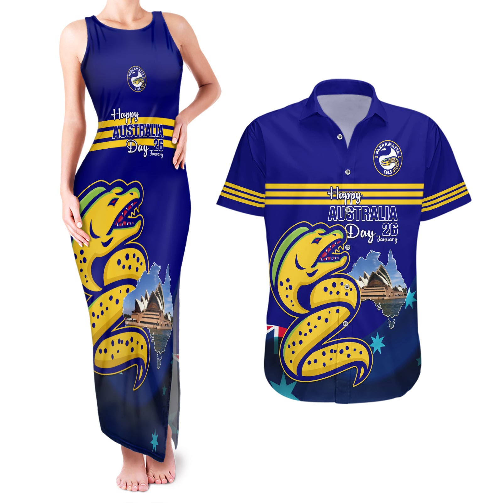 Custom Australia Day Eels Couples Matching Tank Maxi Dress and Hawaiian Shirt NRL 2024 Sydney Opera House With Map