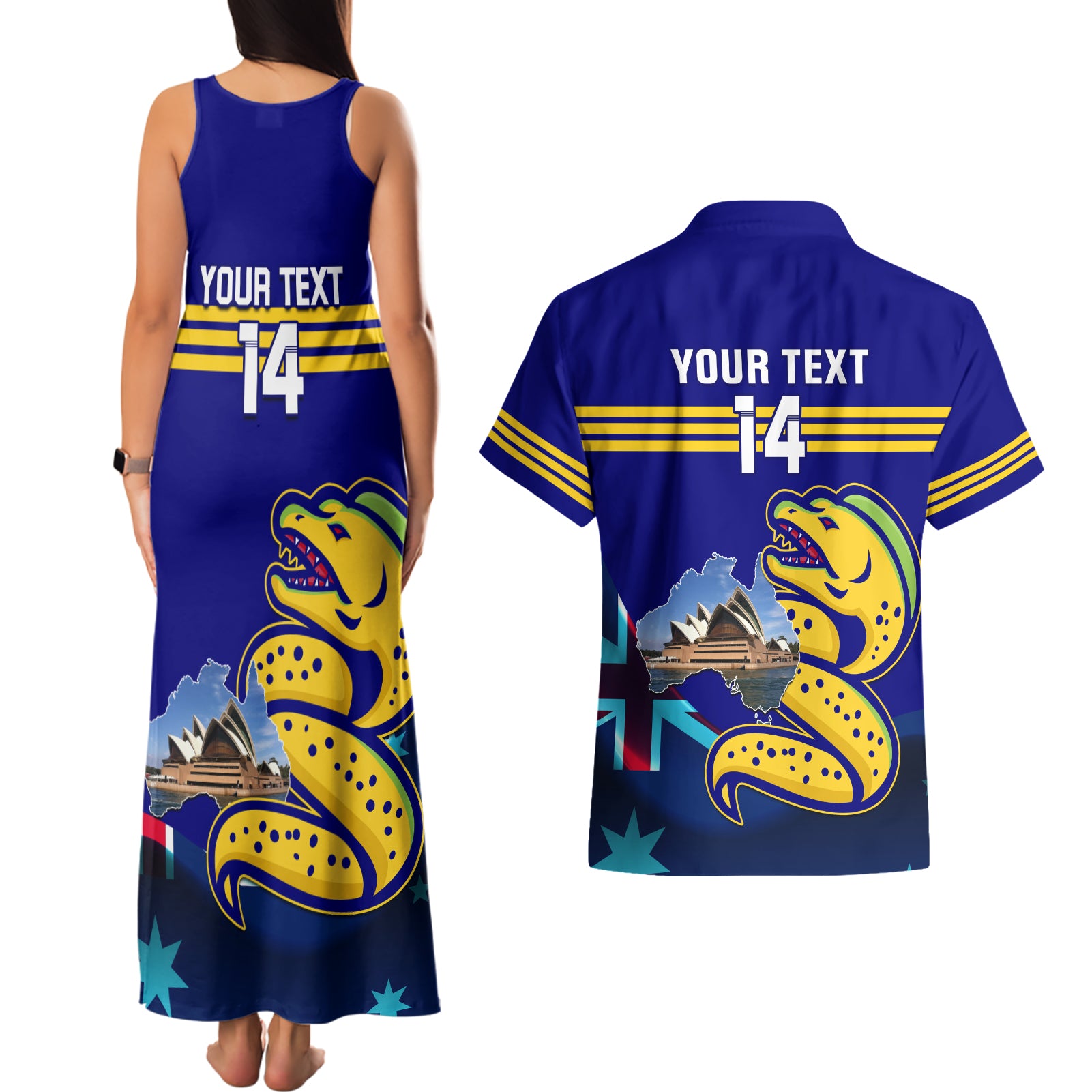 Custom Australia Day Eels Couples Matching Tank Maxi Dress and Hawaiian Shirt NRL 2024 Sydney Opera House With Map