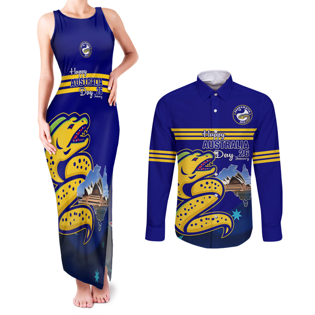 Custom Australia Day Eels Couples Matching Tank Maxi Dress and Long Sleeve Button Shirt NRL 2024 Sydney Opera House With Map