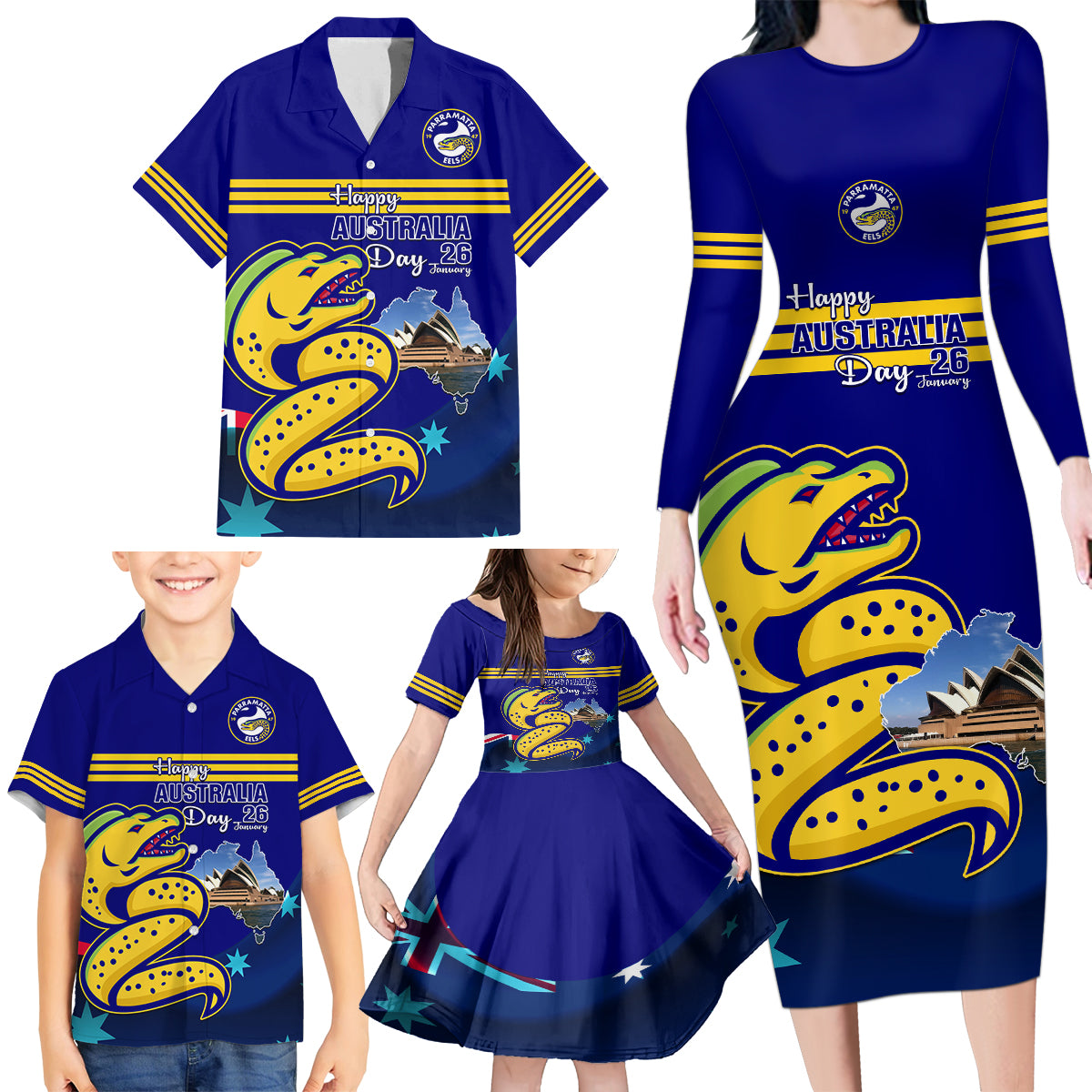 Custom Australia Day Eels Family Matching Long Sleeve Bodycon Dress and Hawaiian Shirt NRL 2024 Sydney Opera House With Map