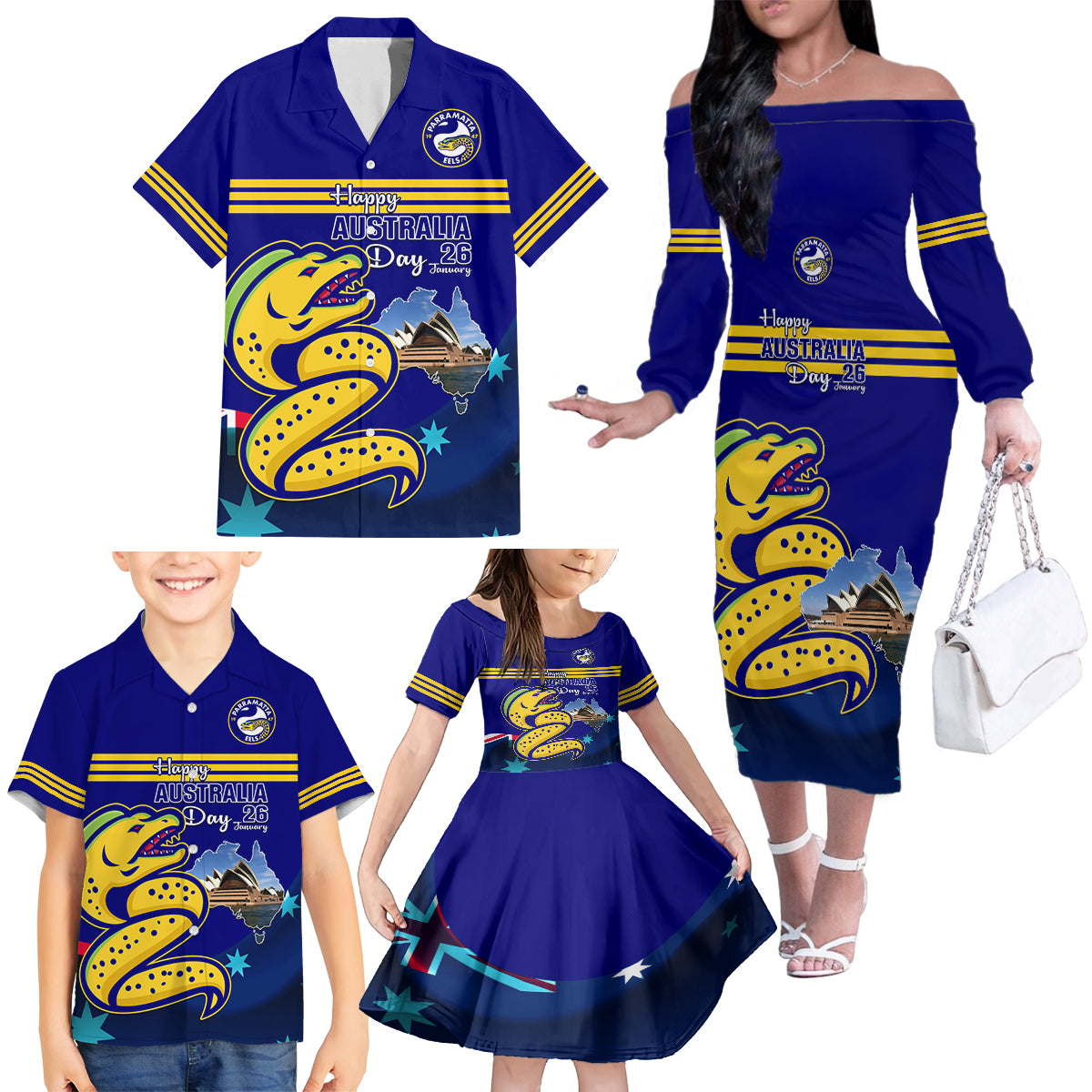 Custom Australia Day Eels Family Matching Off Shoulder Long Sleeve Dress and Hawaiian Shirt NRL 2024 Sydney Opera House With Map