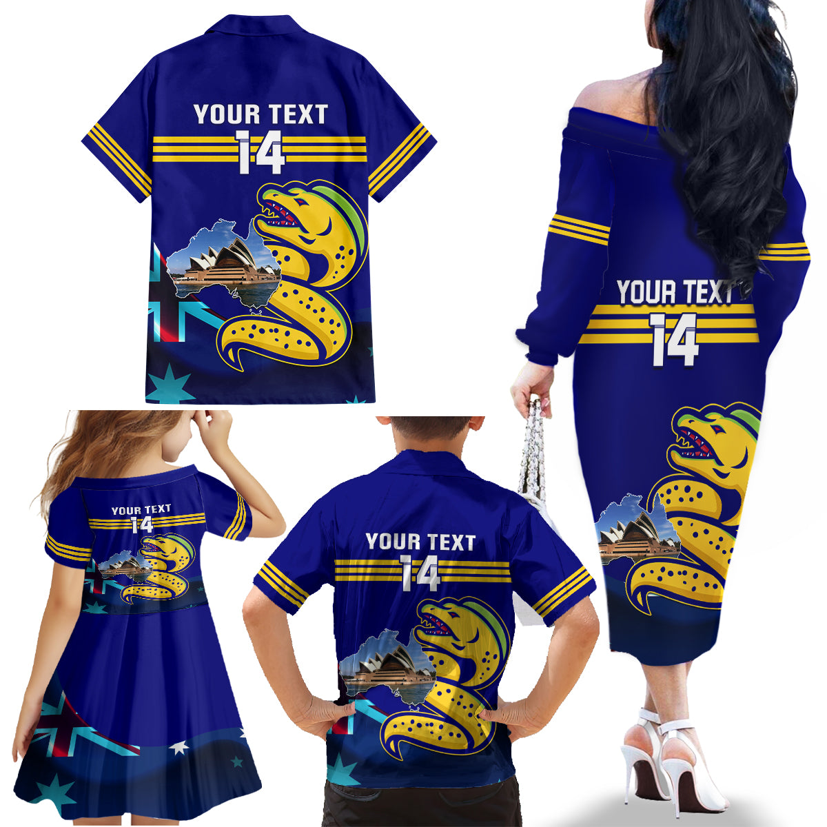 Custom Australia Day Eels Family Matching Off Shoulder Long Sleeve Dress and Hawaiian Shirt NRL 2024 Sydney Opera House With Map