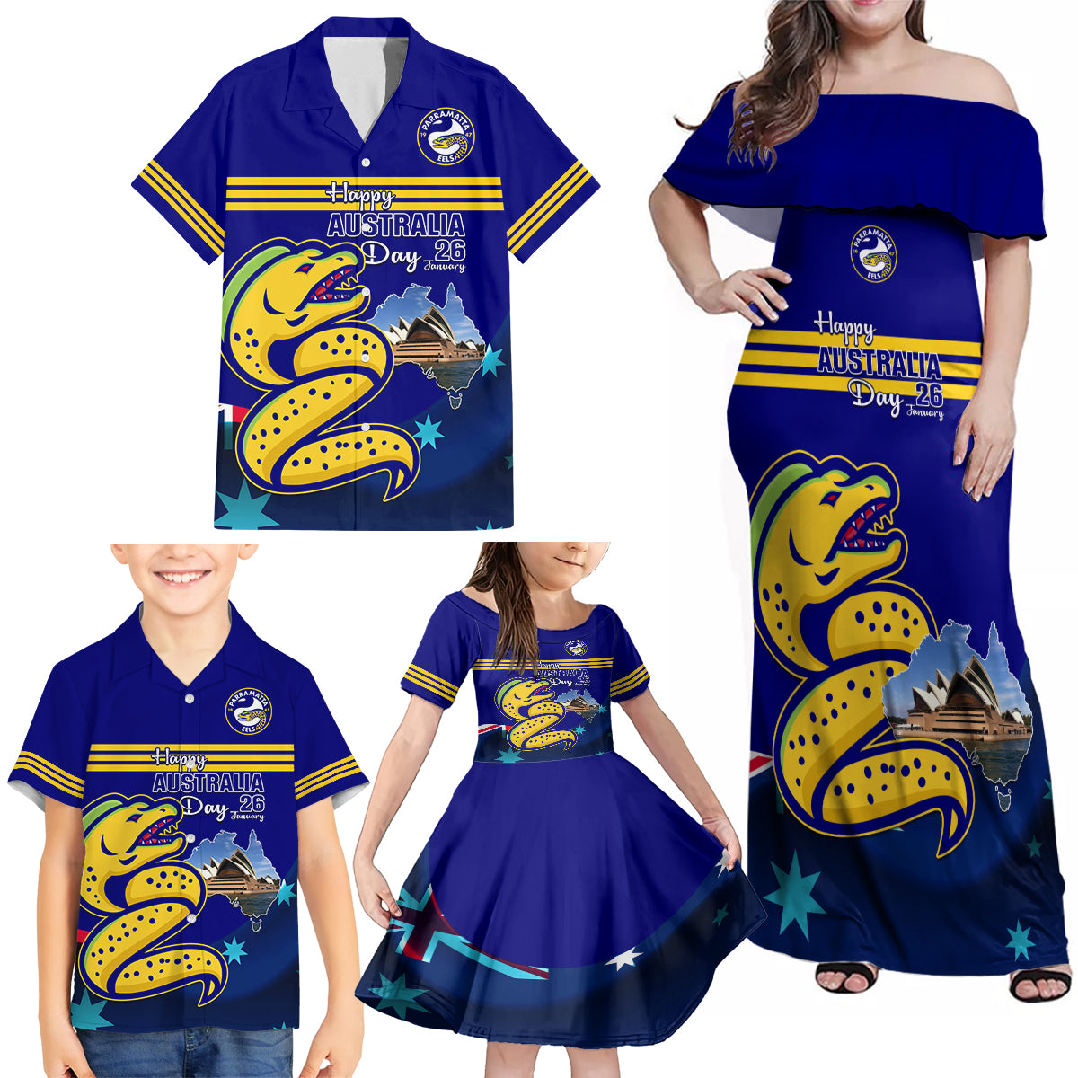 Custom Australia Day Eels Family Matching Off Shoulder Maxi Dress and Hawaiian Shirt NRL 2024 Sydney Opera House With Map