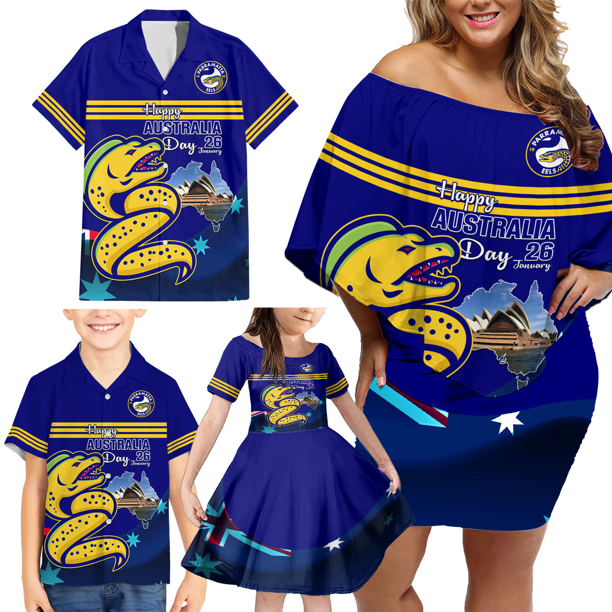 Custom Australia Day Eels Family Matching Off Shoulder Short Dress and Hawaiian Shirt NRL 2024 Sydney Opera House With Map