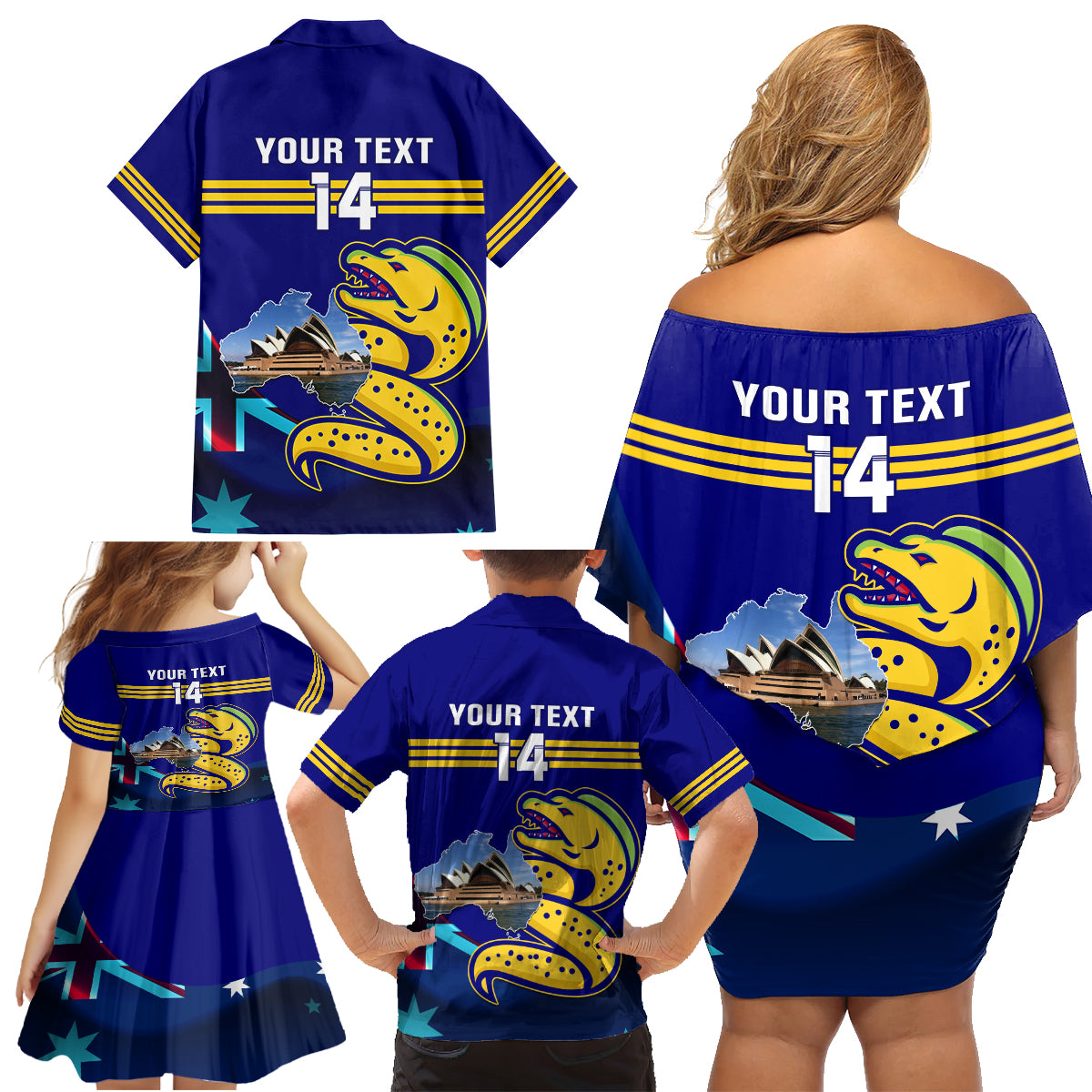 Custom Australia Day Eels Family Matching Off Shoulder Short Dress and Hawaiian Shirt NRL 2024 Sydney Opera House With Map