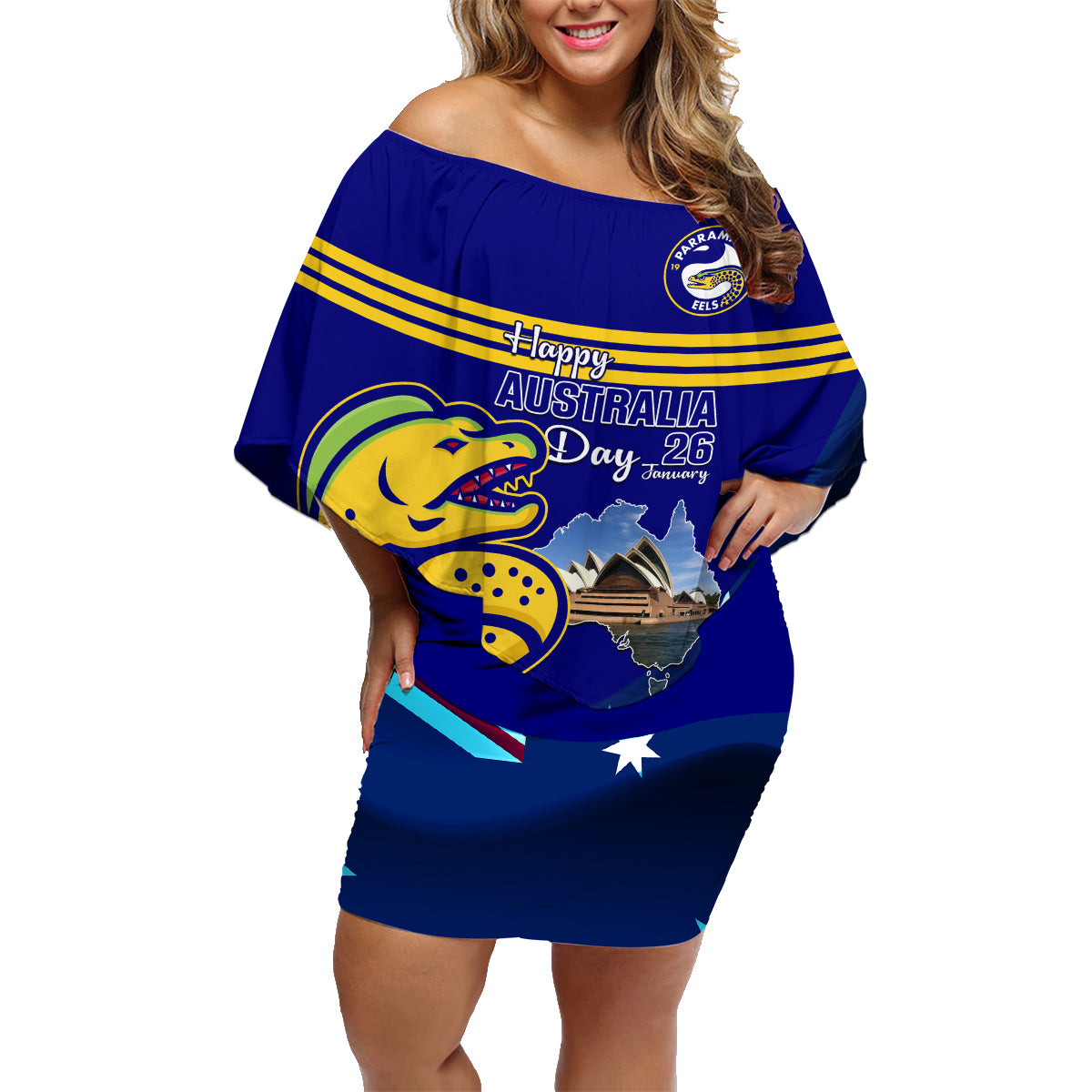 Custom Australia Day Eels Family Matching Off Shoulder Short Dress and Hawaiian Shirt NRL 2024 Sydney Opera House With Map