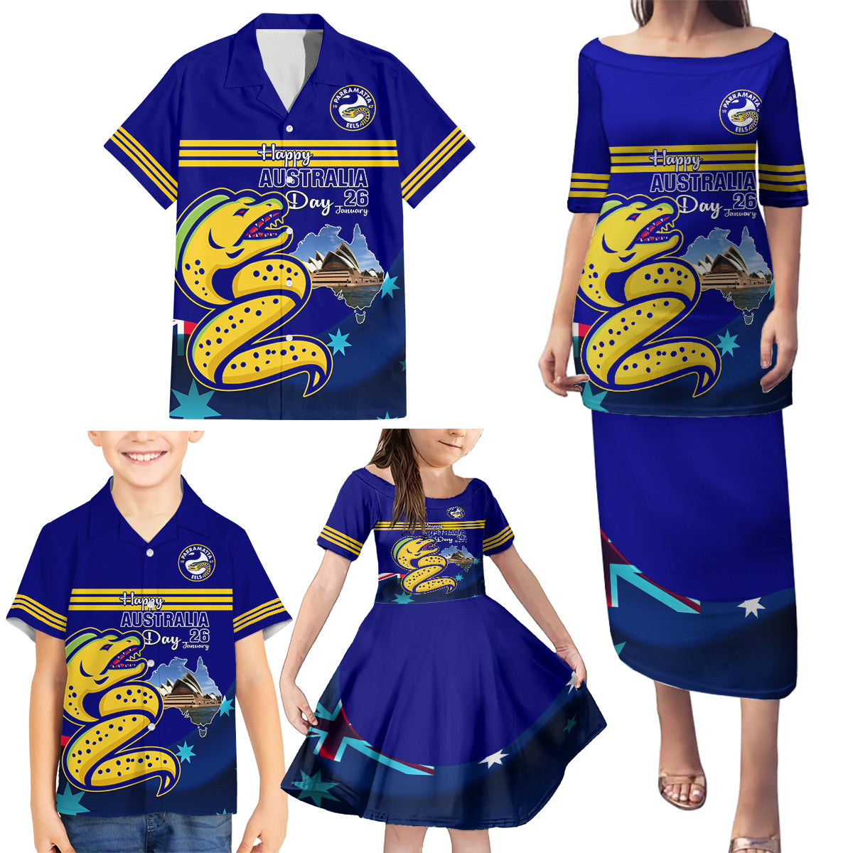 Custom Australia Day Eels Family Matching Puletasi and Hawaiian Shirt NRL 2024 Sydney Opera House With Map