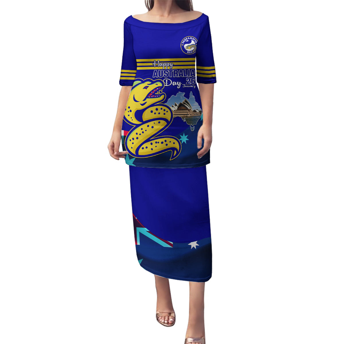 Custom Australia Day Eels Family Matching Puletasi and Hawaiian Shirt NRL 2024 Sydney Opera House With Map