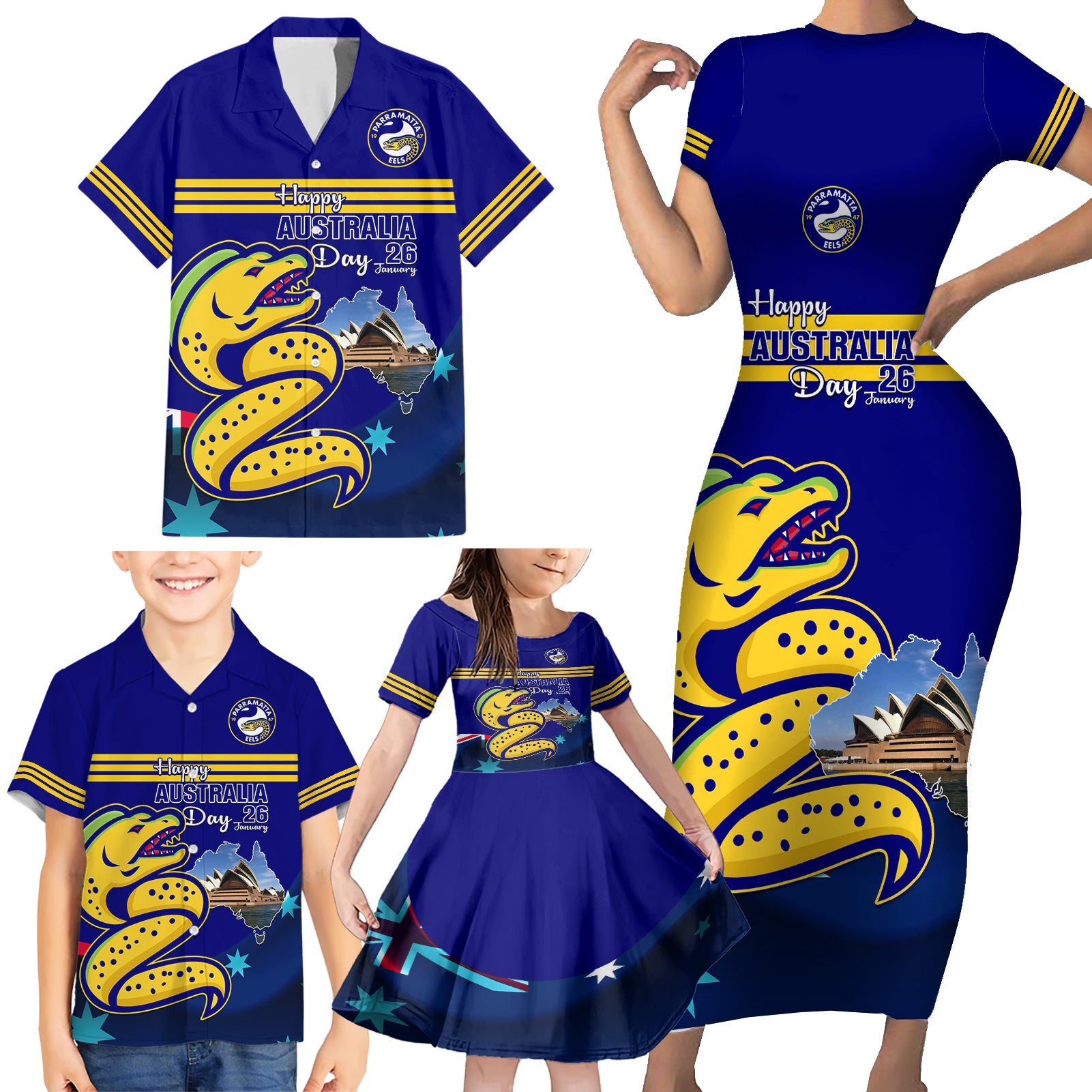 Custom Australia Day Eels Family Matching Short Sleeve Bodycon Dress and Hawaiian Shirt NRL 2024 Sydney Opera House With Map